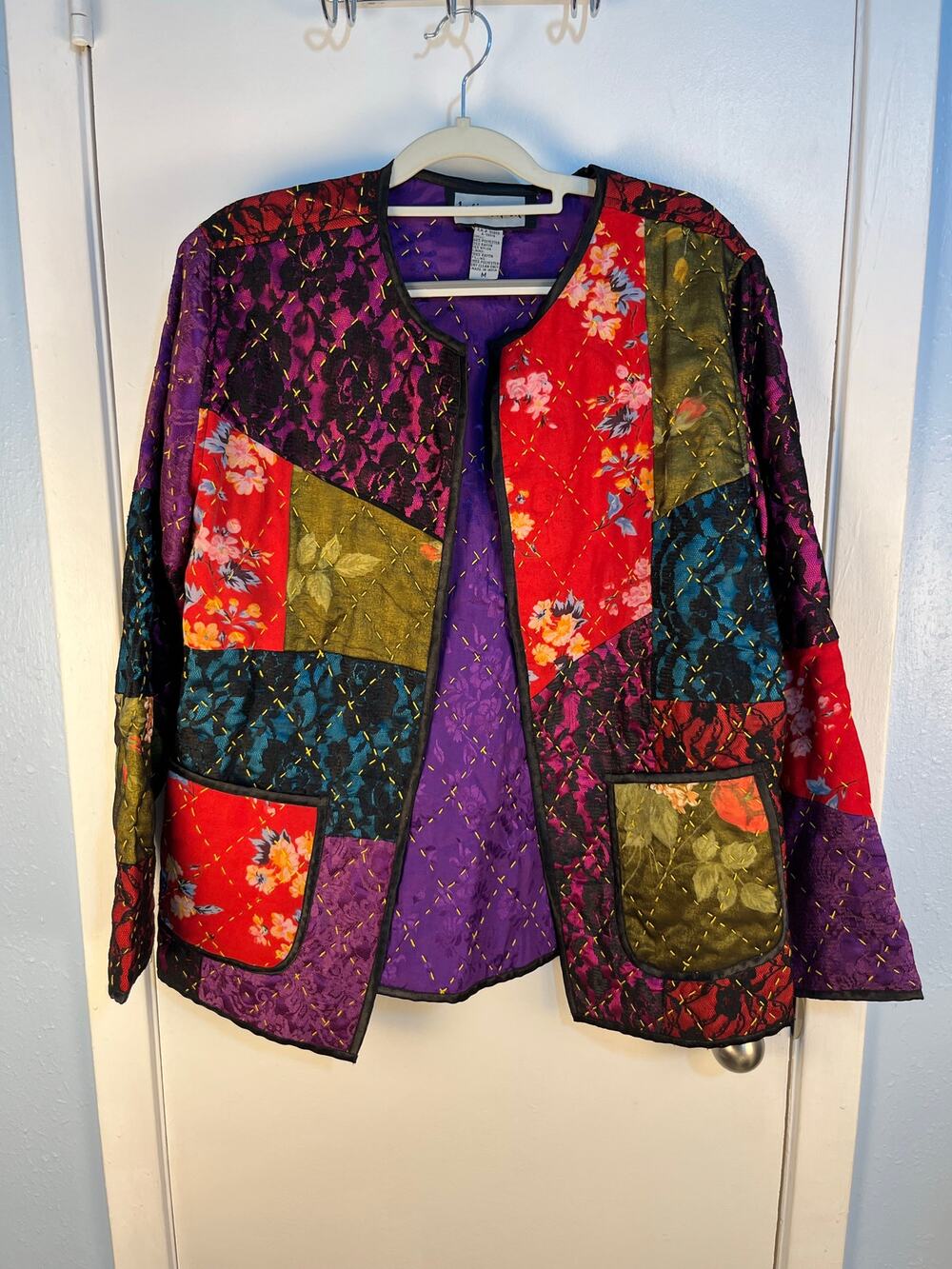 Indigo Moon Quilted Jacket Medium Patchwork Satin Lace Embroidered Whimsigoth